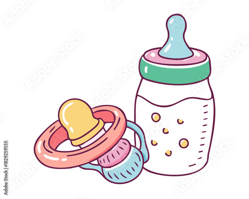 Illustration of a bottle with a pacifier. Mealtime, baby feeding. Cute unisex design for boys and girls. Hand drawn vector illustration isolated on white background. Childhood, motherhood, baby store 