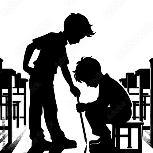 Black and White Vector Boy Helping Another Pick Up Pencil