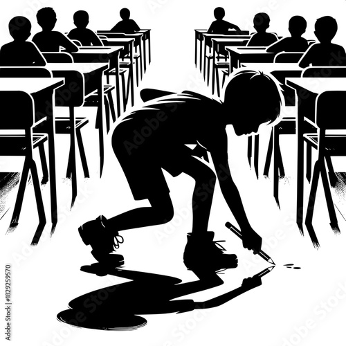 Black and White Vector Boy Helping Another Pick Up Pencil