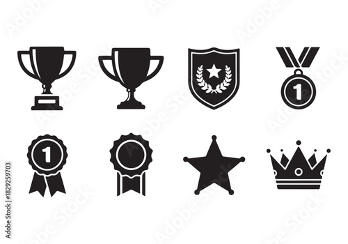 Set of winning award and prize icons, trophy reward, victory trophy signs