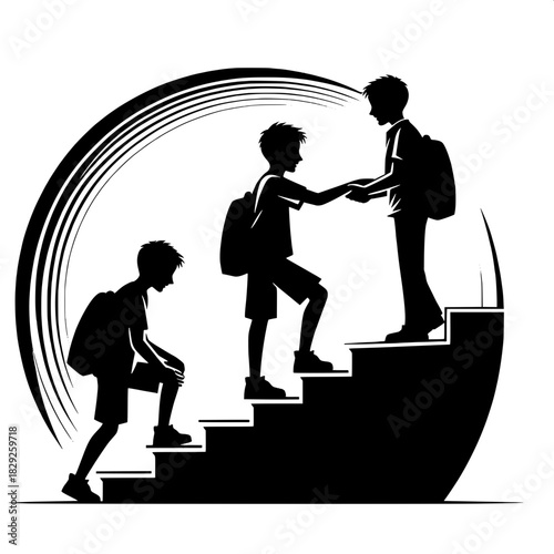 Black and White Vector Boy Helping Another Climb Stairs