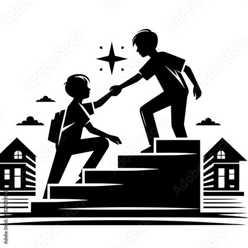 Black and White Vector Boy Helping Another Climb Stairs
