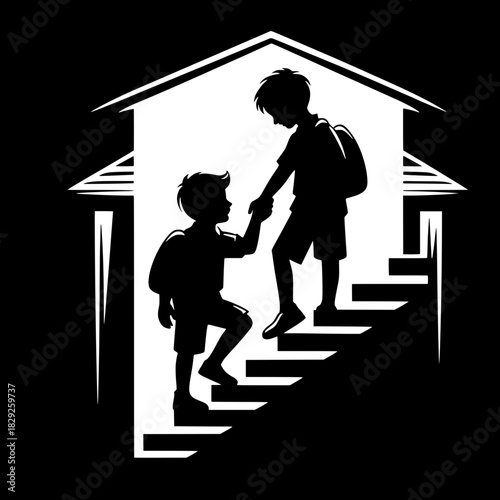 Black and White Vector Boy Helping Another Climb Stairs