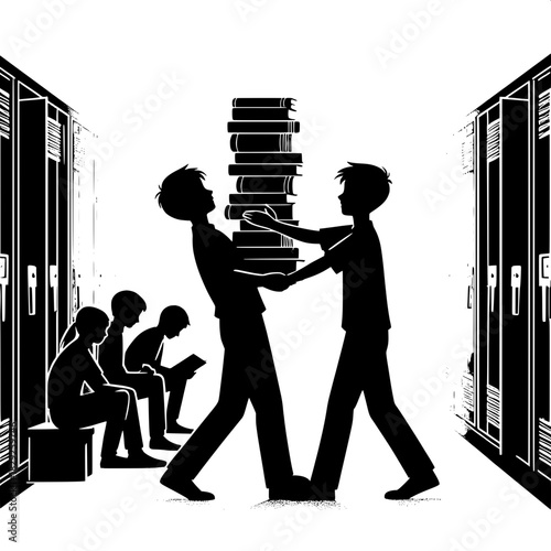 Black and White Vector Boy Helping Another Carry Books