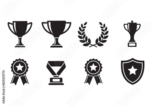 Set of winning award and prize icons, trophy reward, victory trophy signs