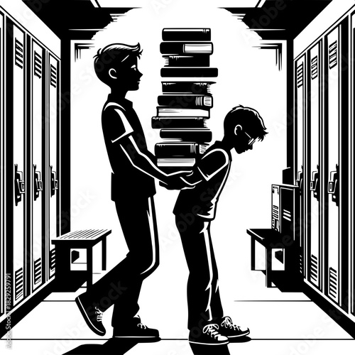 Black and White Vector Boy Helping Another Carry Books