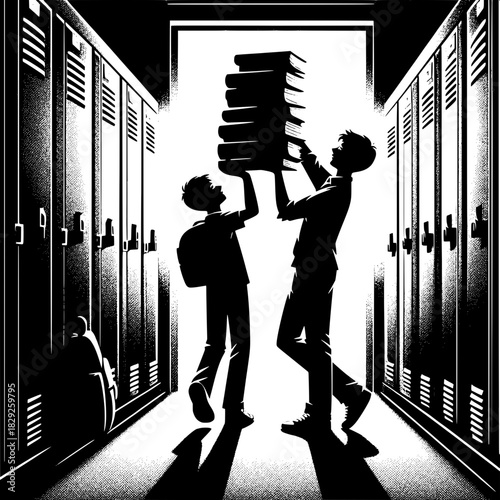 Black and White Vector Boy Helping Another Carry Books