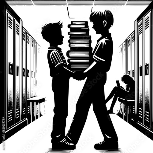 Black and White Vector Boy Helping Another Carry Books