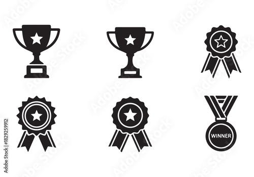 Set of winning award and prize icons, trophy reward, victory trophy signs