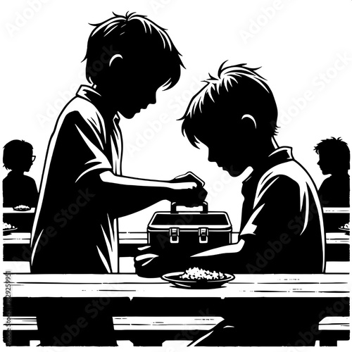 Black and White Vector Boy Helping Another With Lunch Box
