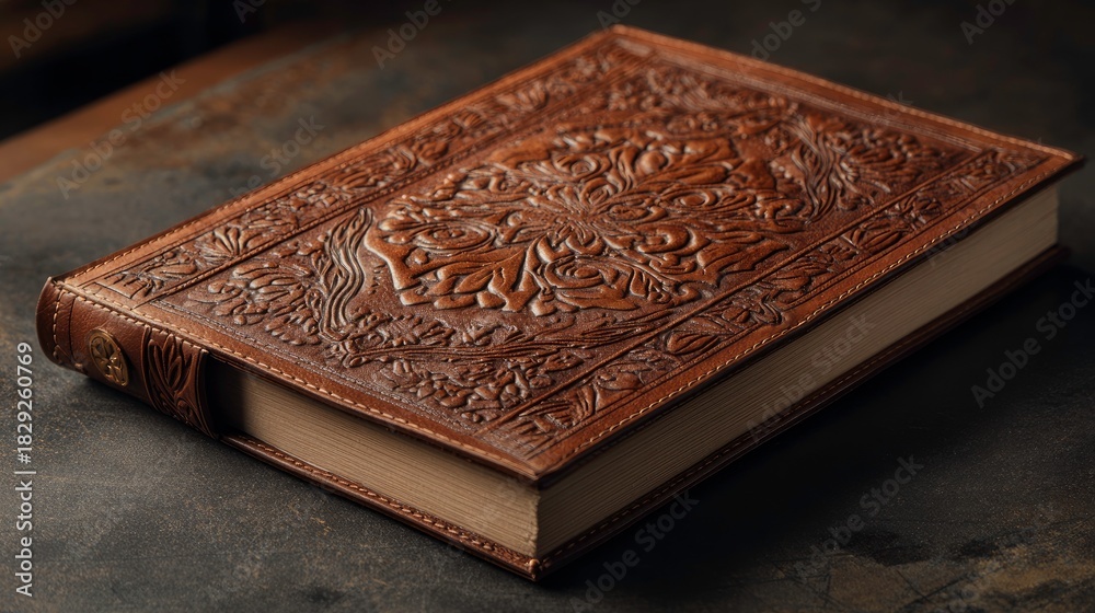 Fototapeta premium Embossed Leather Journal On Dark Textured Surface