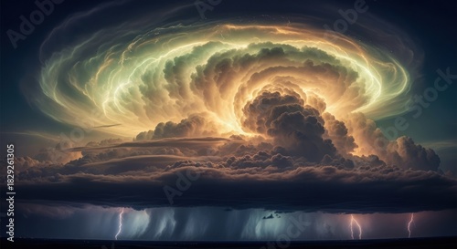 Dramatic Supercell Thunderstorm with Swirling Clouds and Lightning Strikes at Night.