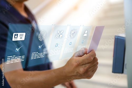 Hand scanning proximity ID card on reader access control system to security door unlock with identity or verification identify icons for safety detect fingerprint scan or check attendance.