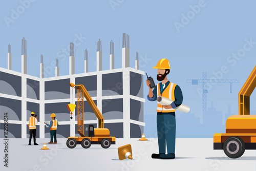 Engineering worker using walkie talkie at construction site. Industrial communication and safety first concept. Vector. 