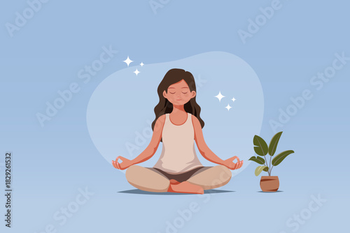 Woman practicing meditation at lotus pose with eyes closed and pleasure mind. Just breathe and relax. Vector.