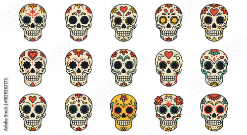 day of the dead sugar skulls illustrations colorful skull designs for dia de muertos celebrations festive cultural traditions vibrant holiday graphics