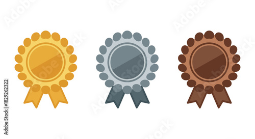 Gold silver bronze awards set first second and third place emblems representing achievement and reward ideal for web banners celebrating success.