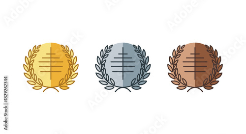 Gold silver bronze medals symbolizing achievement laurel wreath award for competition success celebrating victory and recognizing sporting excellence.