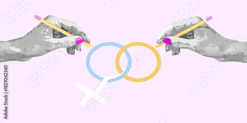 Hands drawing interlocking circles with female symbol on pink background