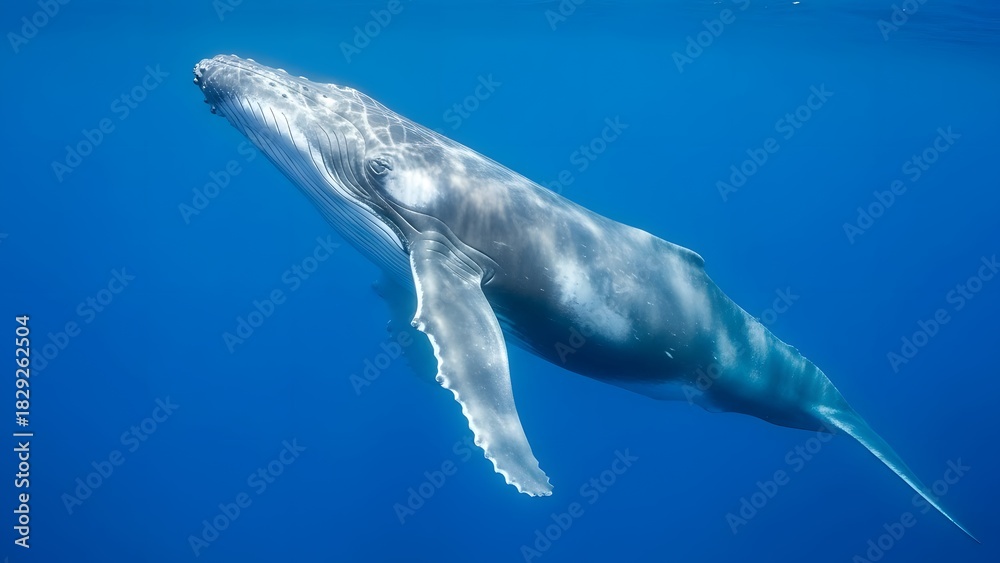 Fototapeta premium Majestic Humpback Whale Swimming Gracefully Through the Deep Blue Ocean