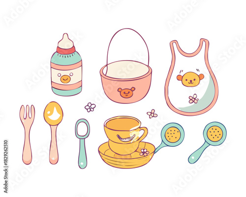 Illustrations set with tableware for babies. Bottles, bib, non-spill, dish, spoon. Mealtime, baby feeding. Cute unisex design. Hand drawn vector illustration. Childhood, motherhood, baby store.
