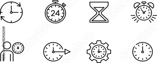 Set of Time, Clock, and Schedule Line Icons; Stopwatch, Hourglass, Alarm, Management Vector Symbols