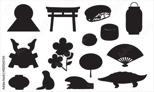 Japanese culture icons vector set: traditional art and objects