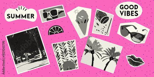 Summer memories collage with retro style on a pink background