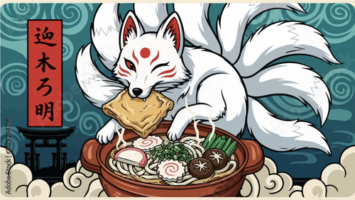 Majestic Kitsune (nine-tailed fox) with a traditional Japanese mask, holding aburaage over a steaming bowl of Udon noodles, set against a backdrop of torii gates and swirling clouds.