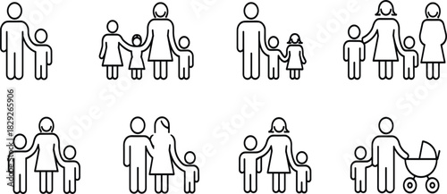 Set of Family and Parenting Line Icons; Mother, Father, Children, Stroller, People Group Vector Symbols