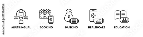 Chatbot banner web icon illustration concept with icon of multilingual, booking, banking, healthcare, and education