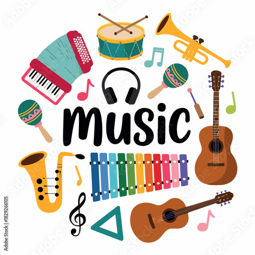 Colorful musical instruments illustration featuring guitar drum trumpet and accordion for music education 100