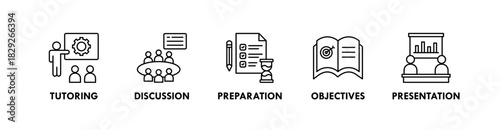 Teaching banner web icon illustration concept with icon of tutoring, discussion, preparation, objectives, and presentation