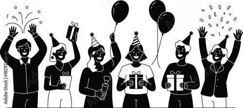 A diverse group of joyful people celebrate a special occasion with gifts and party hats