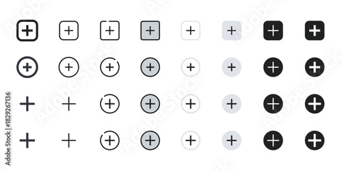 plus sign and add button icons collection in circle and square shapes for ui design
