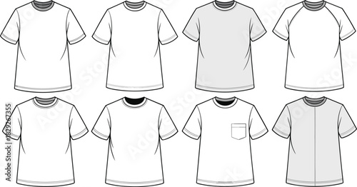 Technical fashion flat template for large set of eight unisex crewneck t-shirt styles: regular, fitted, pocket, and raglan sleeve CAD drawing vector art