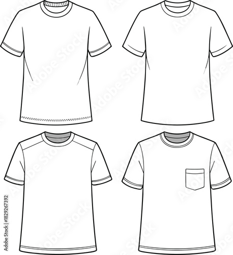 Technical fashion flat template for set of four classic unisex t-shirts: crewneck, raglan, pocket tee, and regular fit CAD drawing vector art