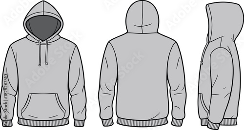 Light grey men's pullover hoodie technical fashion flat sketch vector template, front, back, and side views, with kangaroo pocket, ribbed bottom band and cuffs, and hood
