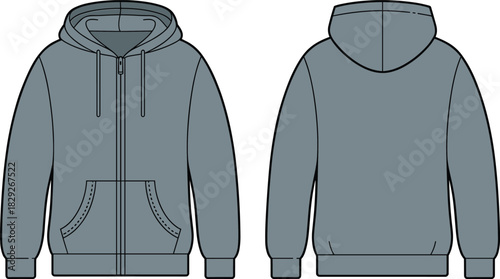 Grey full zip-up hooded sweatshirt technical fashion flat sketch vector drawing template, front and back, with split pouch pocket, hood, and ribbed cuffs and hem, for designers