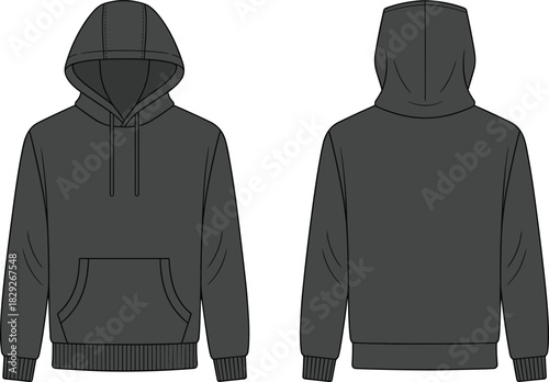 Black pullover hoodie technical fashion flat sketch vector template drawing, front and back, with kangaroo pocket, ribbed cuffs and hem, and hood drawstrings, for designers