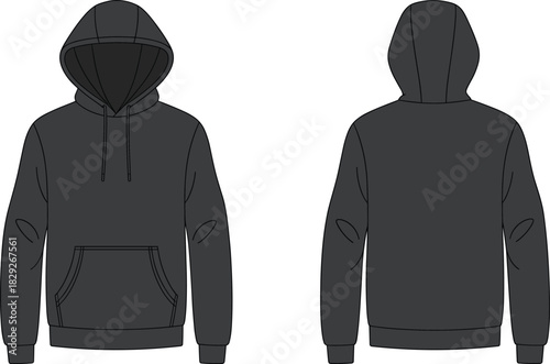 Black Men's and Women's Casual Pullover Hoodie Sweatshirt Mockup Front and Back View Template for Streetwear Apparel Design and Presentation