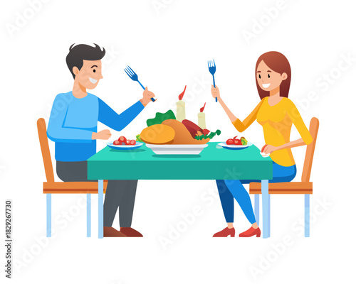 Young couple animation holding fork and knife while enjoying roasted turkey and pie on the table during thanksgiving celebration at home. Shot in 4k resolution
