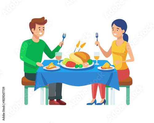 Young couple animation holding fork and knife while enjoying roasted turkey and pie on the table during thanksgiving celebration at home. Shot in 4k resolution

