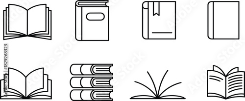 Set of Book, Reading, and Literature Line Icons; Open, Closed, Stacked, Knowledge Vector Symbols Collection