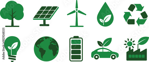 A set of ten green environmental sustainability icons displayed against a clean white background