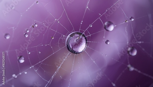Spiderweb with water drops on purple background, close up detail