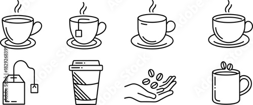 Set of Coffee and Tea Hot Drink Line Icons; Mug, Cup, Beans, Teabag, Takeaway Vector Symbols Collection