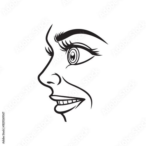 Close up profile sketch of a woman s face showing her eye and mouth in a surprised expression