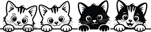Adorable cartoon cats with big eyes peeking over a line, showcasing cute kitten faces