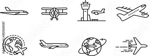 Set of Air Travel and Aviation Line Icons; Airplane, Airport, Globe, Control Tower Vector Graphics Symbols